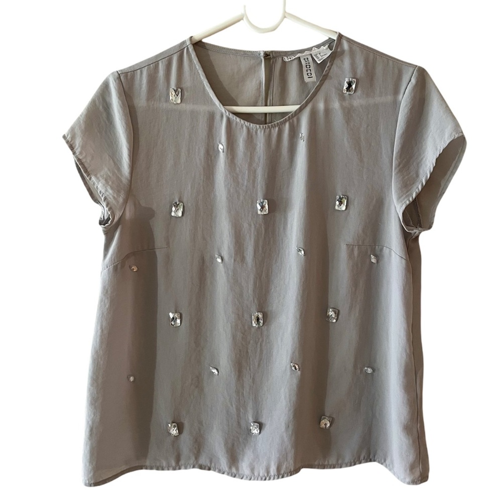 H&M Gray Jewel Cap Short Sleeve Boxy Blouse Top Diamond Crystal Silver Dressy 4